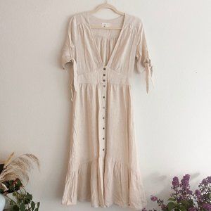 Oatmeal Linen midi dress with sleeves, Sz Small